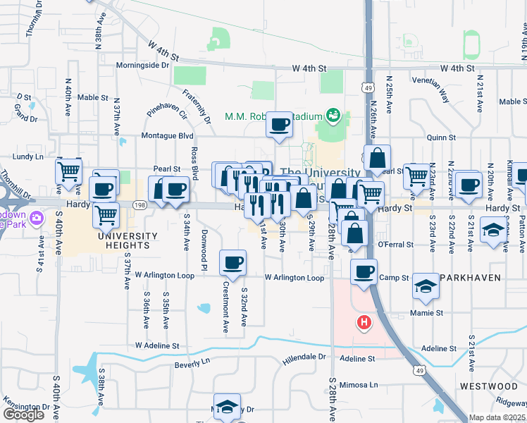 map of restaurants, bars, coffee shops, grocery stores, and more near 3000-3110 State Highway 198 in Hattiesburg