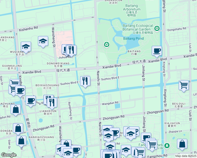 map of restaurants, bars, coffee shops, grocery stores, and more near Nan Shi Jie in Suzhou Shi