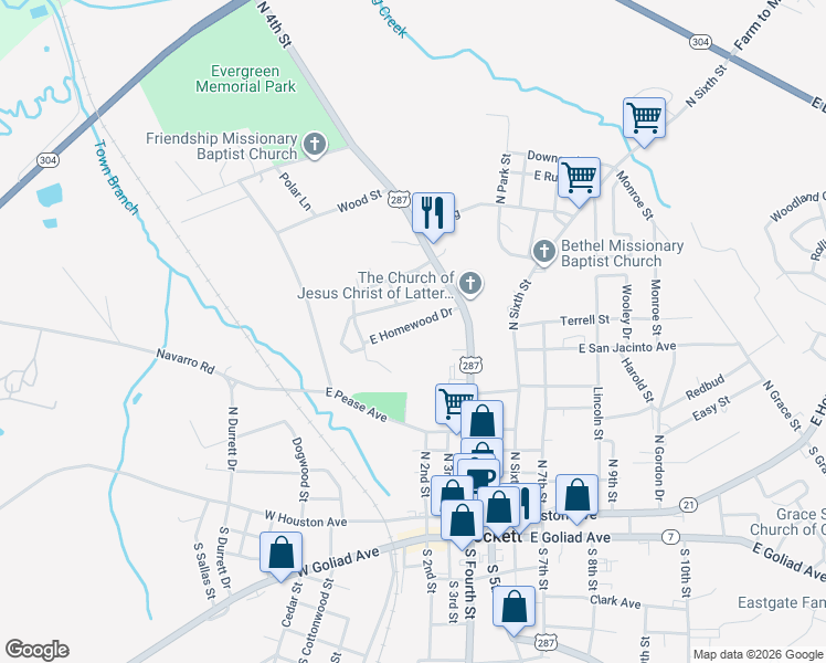 map of restaurants, bars, coffee shops, grocery stores, and more near 211 East Homewood Drive in Crockett
