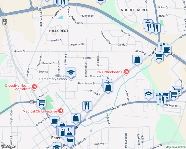 map of restaurants, bars, coffee shops, grocery stores, and more near 114 Crescent Drive in Enterprise