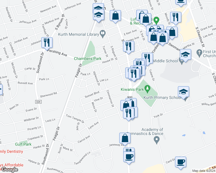 map of restaurants, bars, coffee shops, grocery stores, and more near 328 Sunset Boulevard in Lufkin