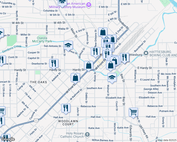 map of restaurants, bars, coffee shops, grocery stores, and more near 399 West Pine Street in Hattiesburg
