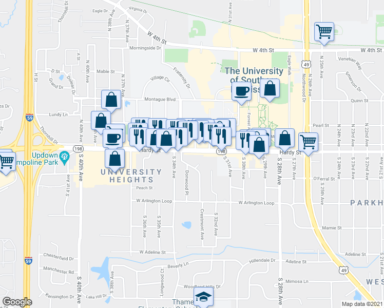 map of restaurants, bars, coffee shops, grocery stores, and more near 3214 Hardy Street in Hattiesburg