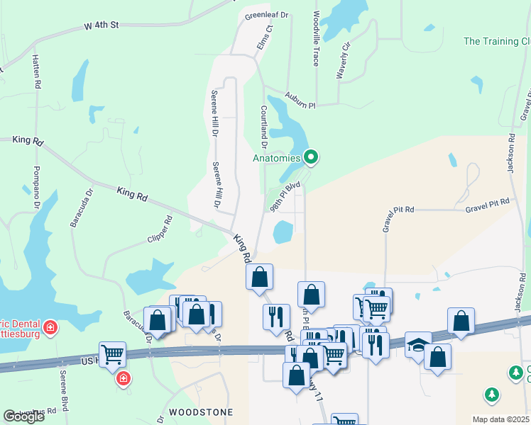 map of restaurants, bars, coffee shops, grocery stores, and more near 147 98 Place Boulevard in Hattiesburg