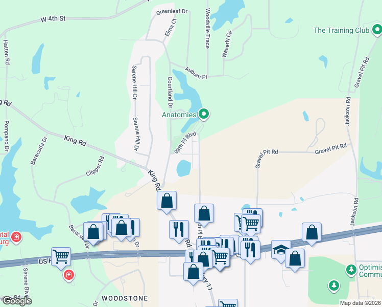 map of restaurants, bars, coffee shops, grocery stores, and more near 147 98th Place Boulevard in Hattiesburg