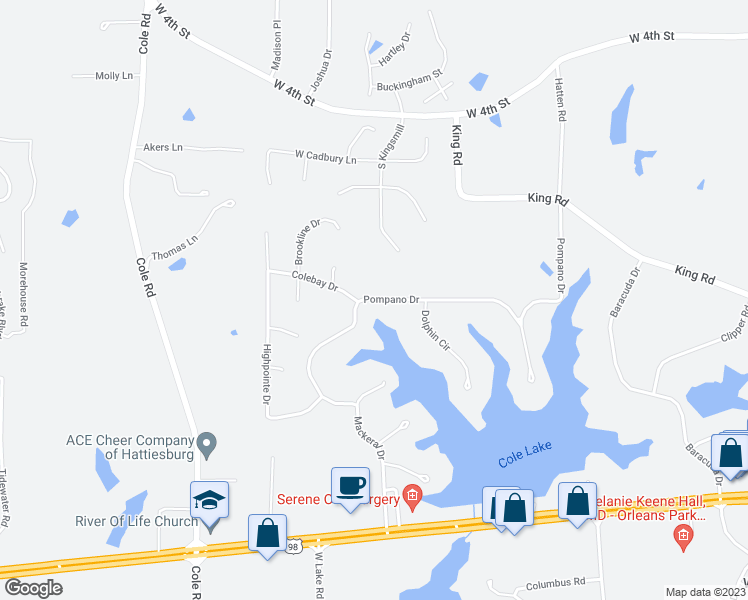 map of restaurants, bars, coffee shops, grocery stores, and more near 101 Pompano Drive in Hattiesburg