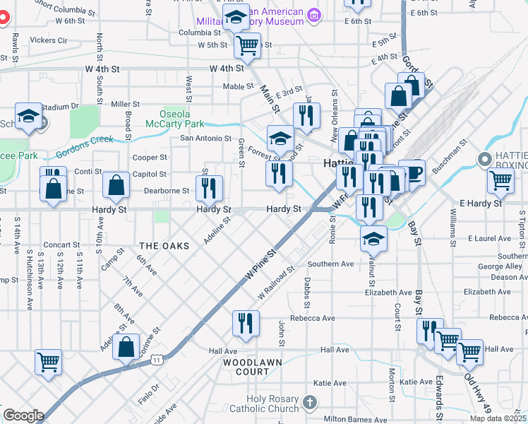 map of restaurants, bars, coffee shops, grocery stores, and more near 302 Hardy Street in Hattiesburg