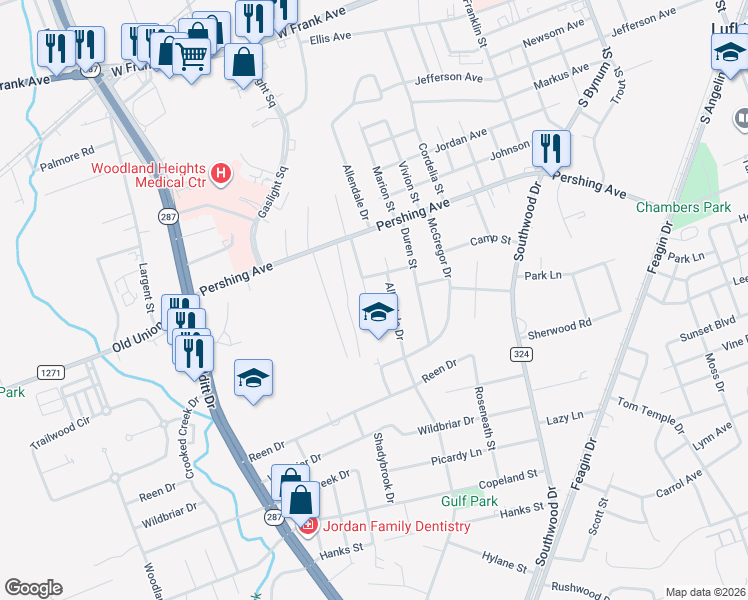 map of restaurants, bars, coffee shops, grocery stores, and more near 907 Pierce Street in Lufkin