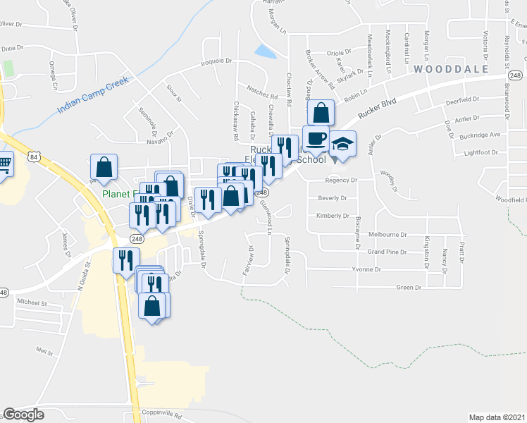 map of restaurants, bars, coffee shops, grocery stores, and more near 209 Glenwood Lane in Enterprise