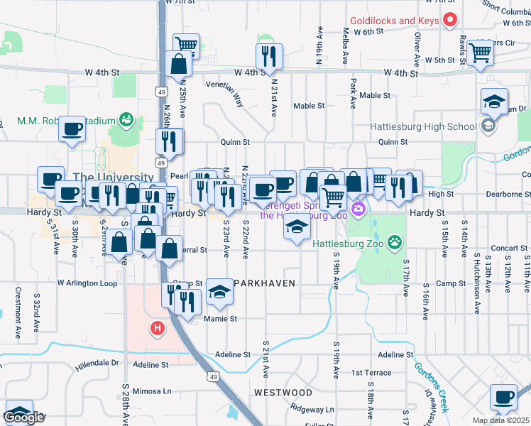 map of restaurants, bars, coffee shops, grocery stores, and more near 2106-2108 Hardy Street in Hattiesburg