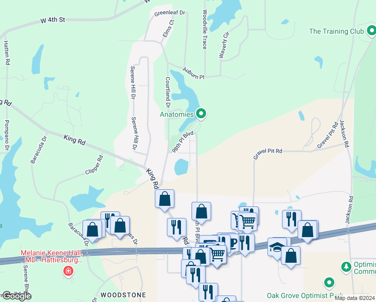 map of restaurants, bars, coffee shops, grocery stores, and more near 49-99 98 Place Boulevard in Hattiesburg