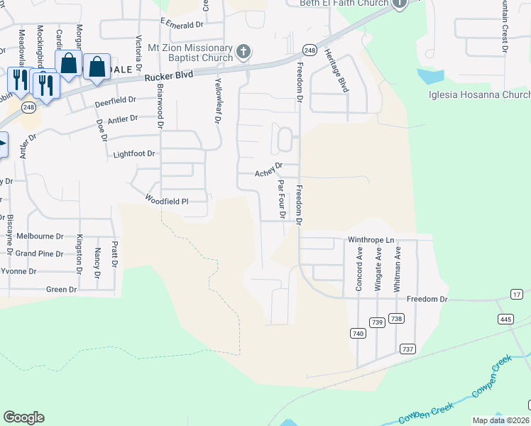 map of restaurants, bars, coffee shops, grocery stores, and more near 108 North Spring View Drive in Enterprise