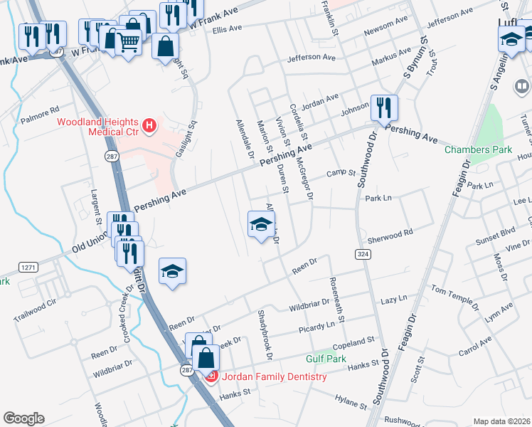 map of restaurants, bars, coffee shops, grocery stores, and more near 907 Pierce Street in Lufkin