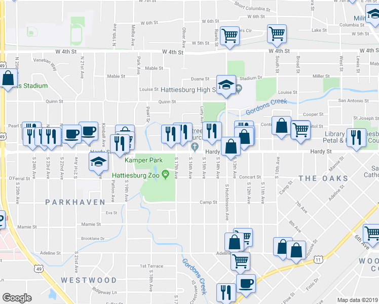 map of restaurants, bars, coffee shops, grocery stores, and more near 101 Mississippi Avenue in Hattiesburg