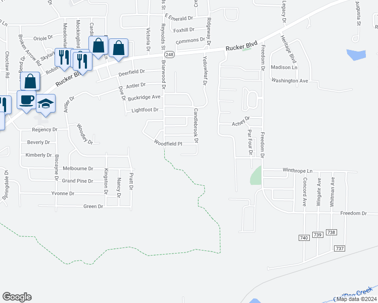 map of restaurants, bars, coffee shops, grocery stores, and more near 314 Candlebrook Drive in Enterprise