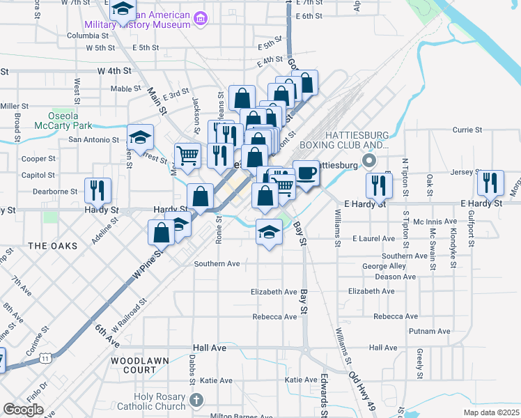 map of restaurants, bars, coffee shops, grocery stores, and more near 124 Walnut Street in Hattiesburg