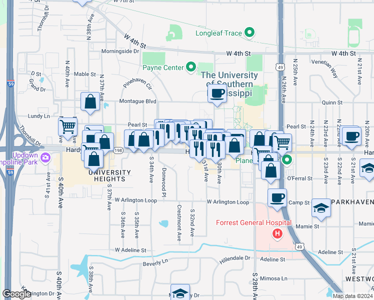 map of restaurants, bars, coffee shops, grocery stores, and more near 302 Hardy Street in Hattiesburg