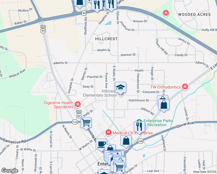 map of restaurants, bars, coffee shops, grocery stores, and more near 200 Forest Avenue in Enterprise