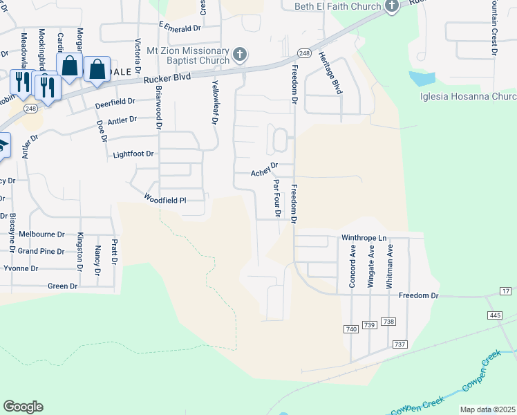map of restaurants, bars, coffee shops, grocery stores, and more near 114 North Spring View Drive in Enterprise