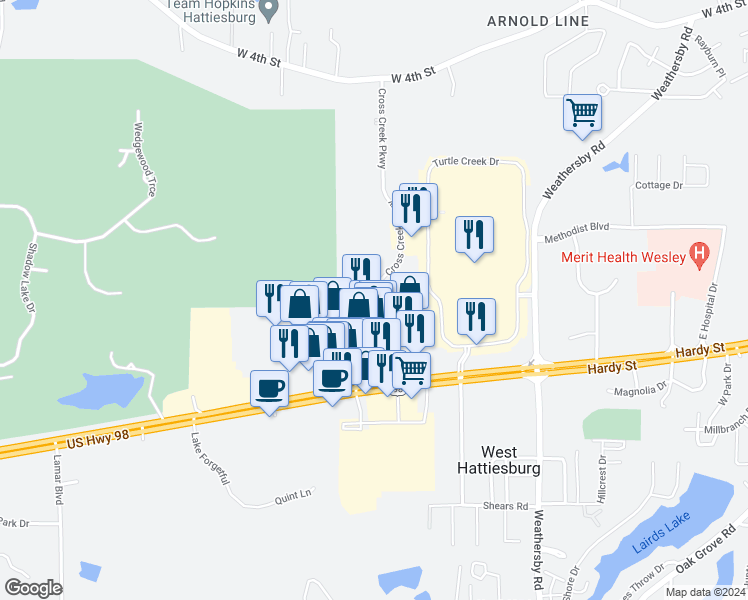 map of restaurants, bars, coffee shops, grocery stores, and more near 50 Cross Creek Parkway in Hattiesburg