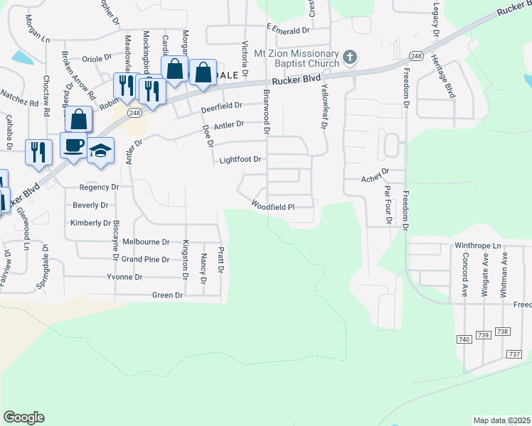 map of restaurants, bars, coffee shops, grocery stores, and more near 96 Woodfield Place in Enterprise