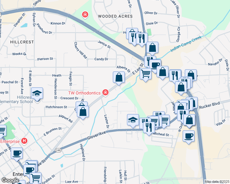 map of restaurants, bars, coffee shops, grocery stores, and more near 301 Colony Drive in Enterprise
