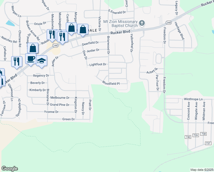 map of restaurants, bars, coffee shops, grocery stores, and more near 94 Woodfield Place in Enterprise