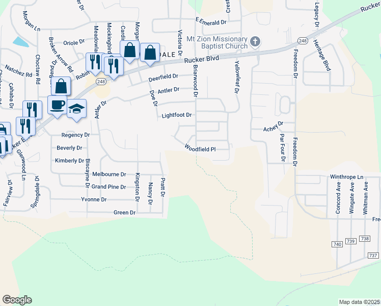 map of restaurants, bars, coffee shops, grocery stores, and more near 88 Woodfield Place in Enterprise