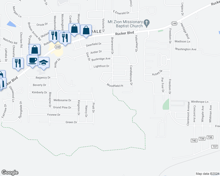 map of restaurants, bars, coffee shops, grocery stores, and more near 90 Woodfield Place in Enterprise