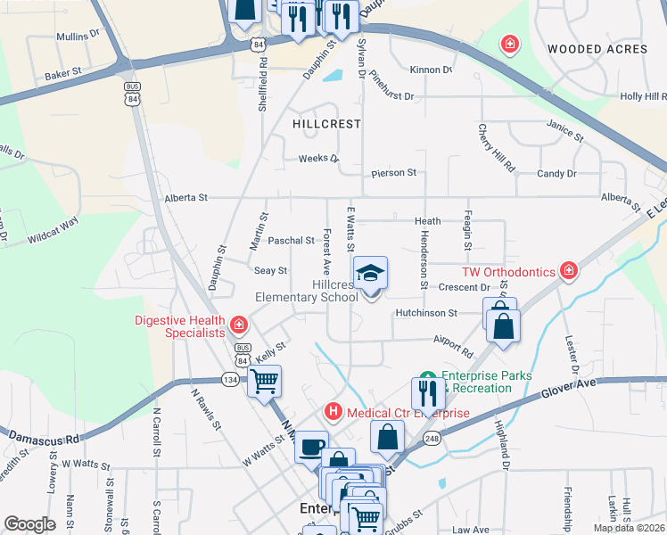 map of restaurants, bars, coffee shops, grocery stores, and more near 200 Forest Avenue in Enterprise