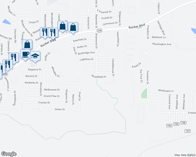 map of restaurants, bars, coffee shops, grocery stores, and more near 100 Woodfield Place in Enterprise