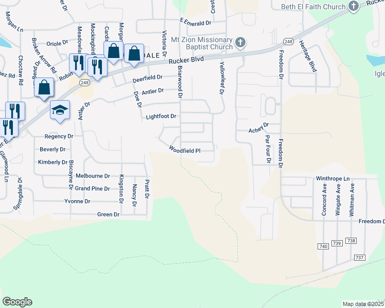 map of restaurants, bars, coffee shops, grocery stores, and more near 120 Woodfield Place in Enterprise