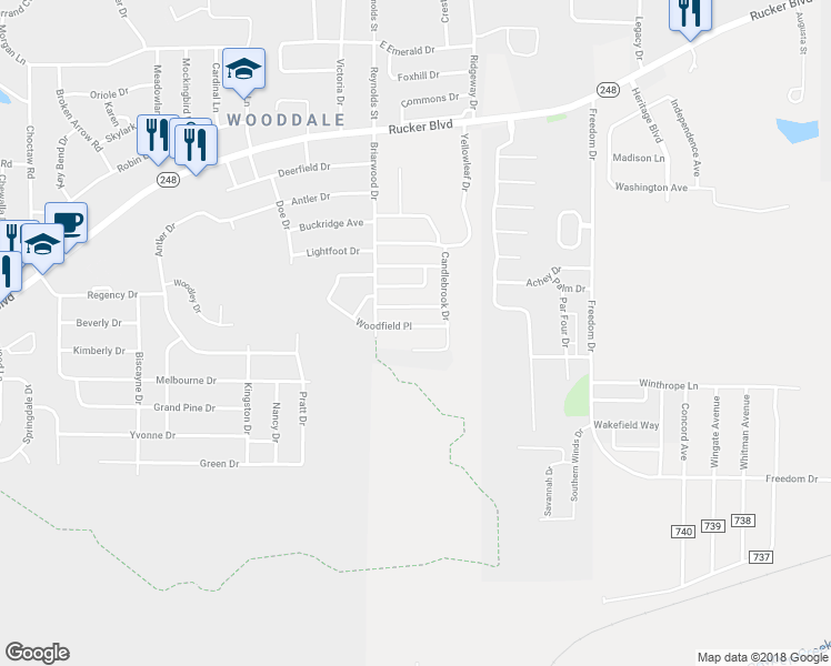 map of restaurants, bars, coffee shops, grocery stores, and more near 134 Woodfield Place in Enterprise