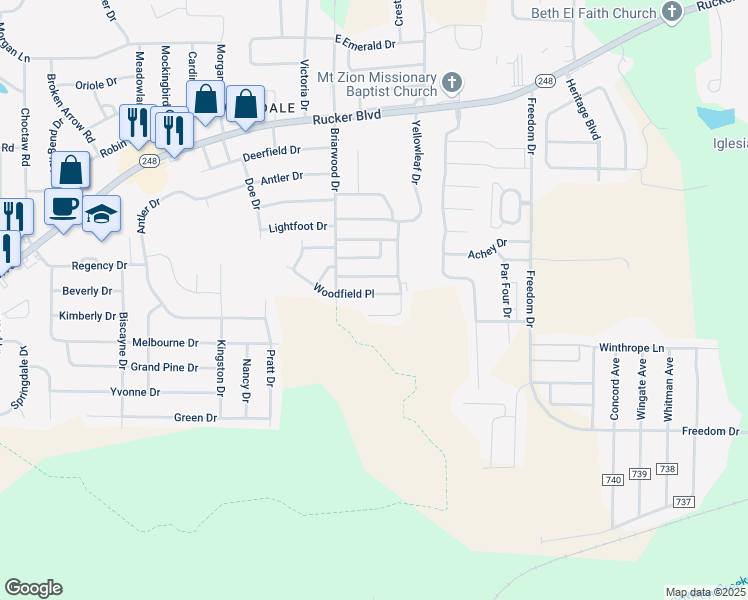 map of restaurants, bars, coffee shops, grocery stores, and more near 136 Woodfield Place in Enterprise