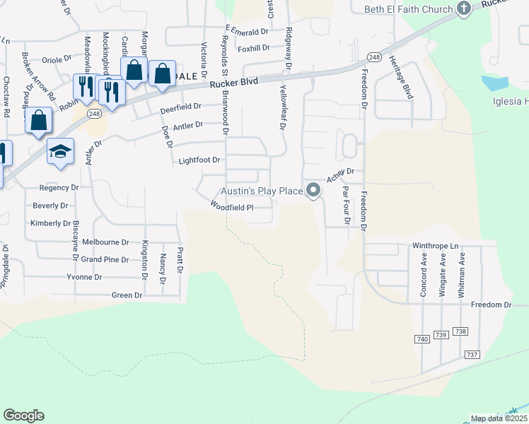 map of restaurants, bars, coffee shops, grocery stores, and more near 154 Woodfield Place in Enterprise