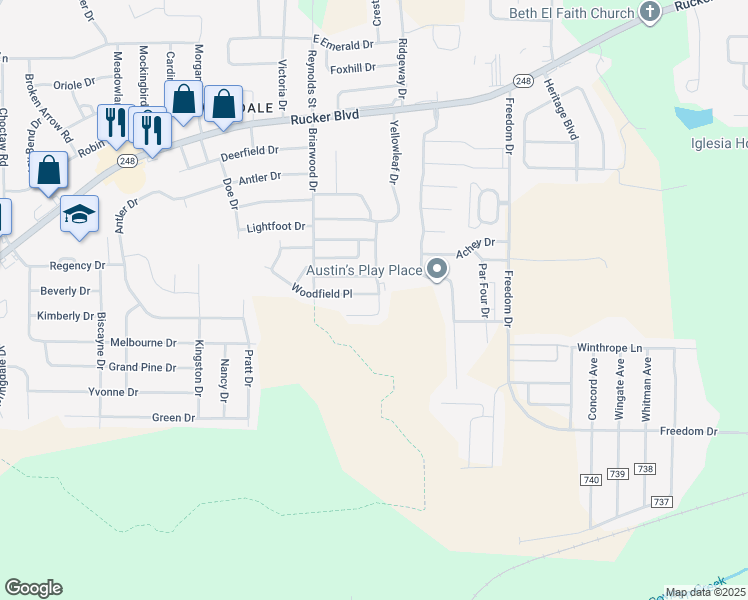 map of restaurants, bars, coffee shops, grocery stores, and more near 160 Woodfield Place in Enterprise