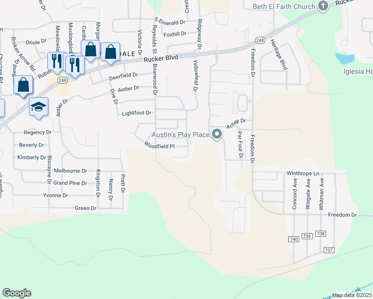 map of restaurants, bars, coffee shops, grocery stores, and more near 162 Woodfield Place in Enterprise