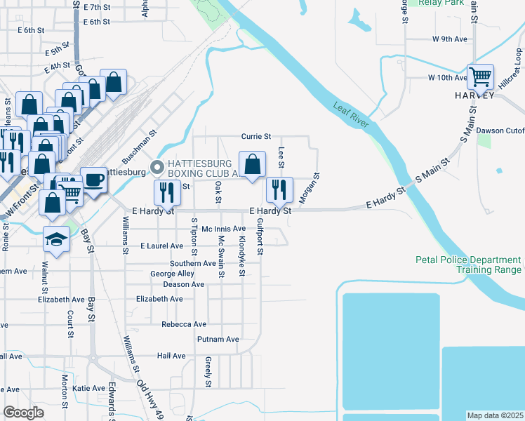 map of restaurants, bars, coffee shops, grocery stores, and more near East Hardy Street in Hattiesburg