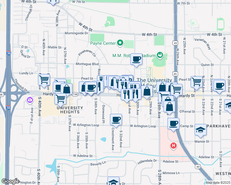 map of restaurants, bars, coffee shops, grocery stores, and more near 302 Hardy Street in Hattiesburg