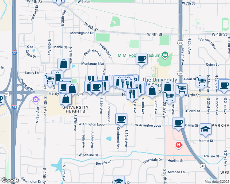 map of restaurants, bars, coffee shops, grocery stores, and more near 3214 Hardy Street in Hattiesburg