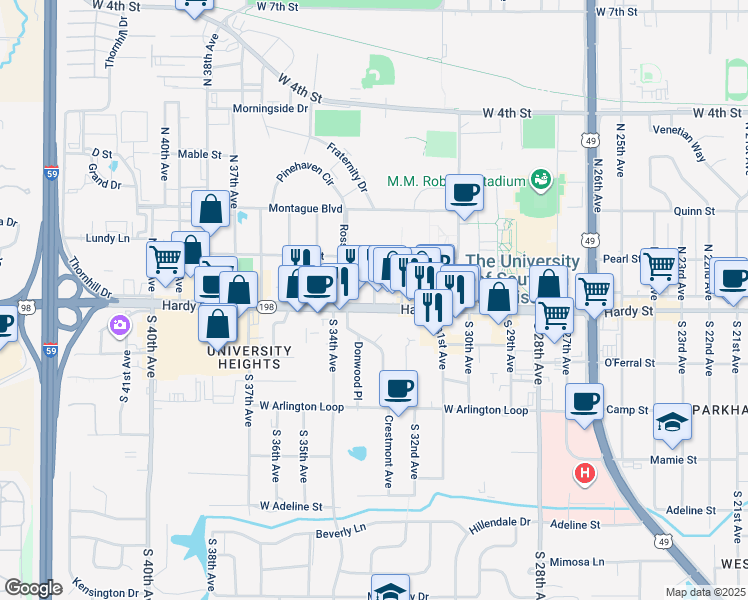 map of restaurants, bars, coffee shops, grocery stores, and more near 113 North 33rd Avenue in Hattiesburg