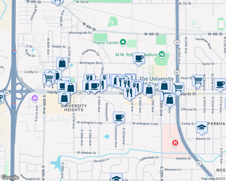 map of restaurants, bars, coffee shops, grocery stores, and more near 3214 Hardy Street in Hattiesburg
