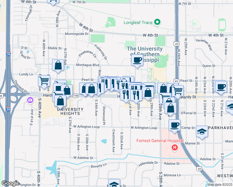 map of restaurants, bars, coffee shops, grocery stores, and more near 114 North 32nd Avenue in Hattiesburg