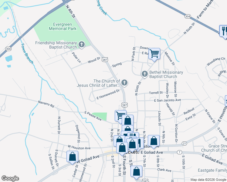 map of restaurants, bars, coffee shops, grocery stores, and more near 211 East Homewood Drive in Crockett
