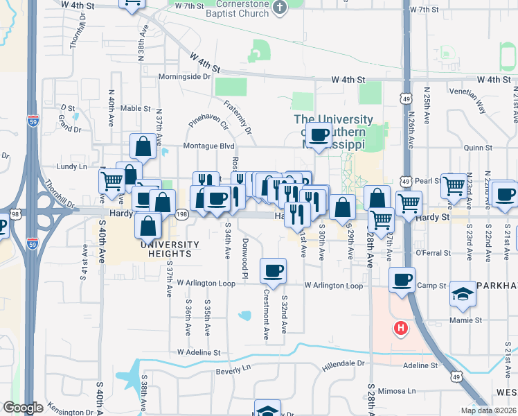 map of restaurants, bars, coffee shops, grocery stores, and more near 3214 Hardy Street in Hattiesburg