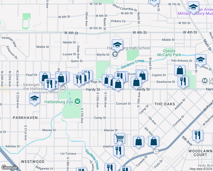map of restaurants, bars, coffee shops, grocery stores, and more near 1305 Hardy Street in Hattiesburg