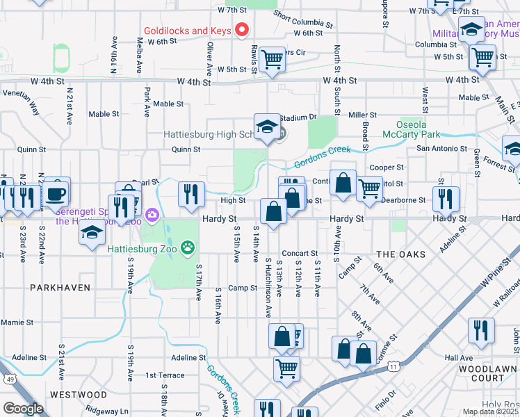 map of restaurants, bars, coffee shops, grocery stores, and more near 1305 Hardy Street in Hattiesburg