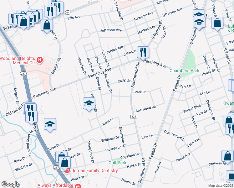 map of restaurants, bars, coffee shops, grocery stores, and more near 1017 Annette Street in Lufkin