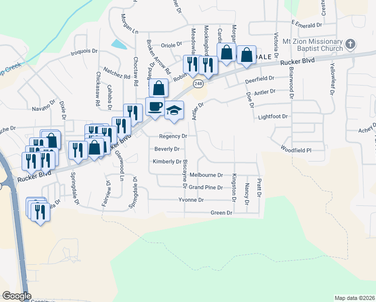 map of restaurants, bars, coffee shops, grocery stores, and more near 101 Biscayne Drive in Enterprise