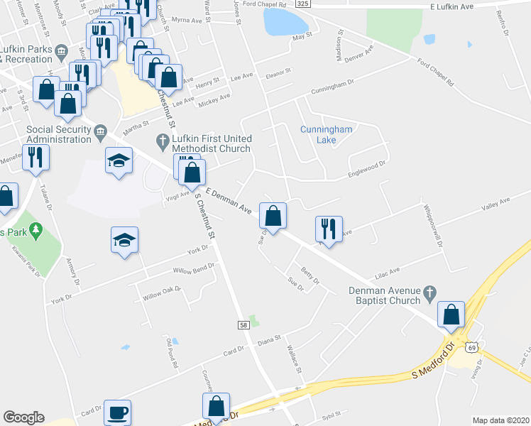 map of restaurants, bars, coffee shops, grocery stores, and more near 1205 East Denman Avenue in Lufkin